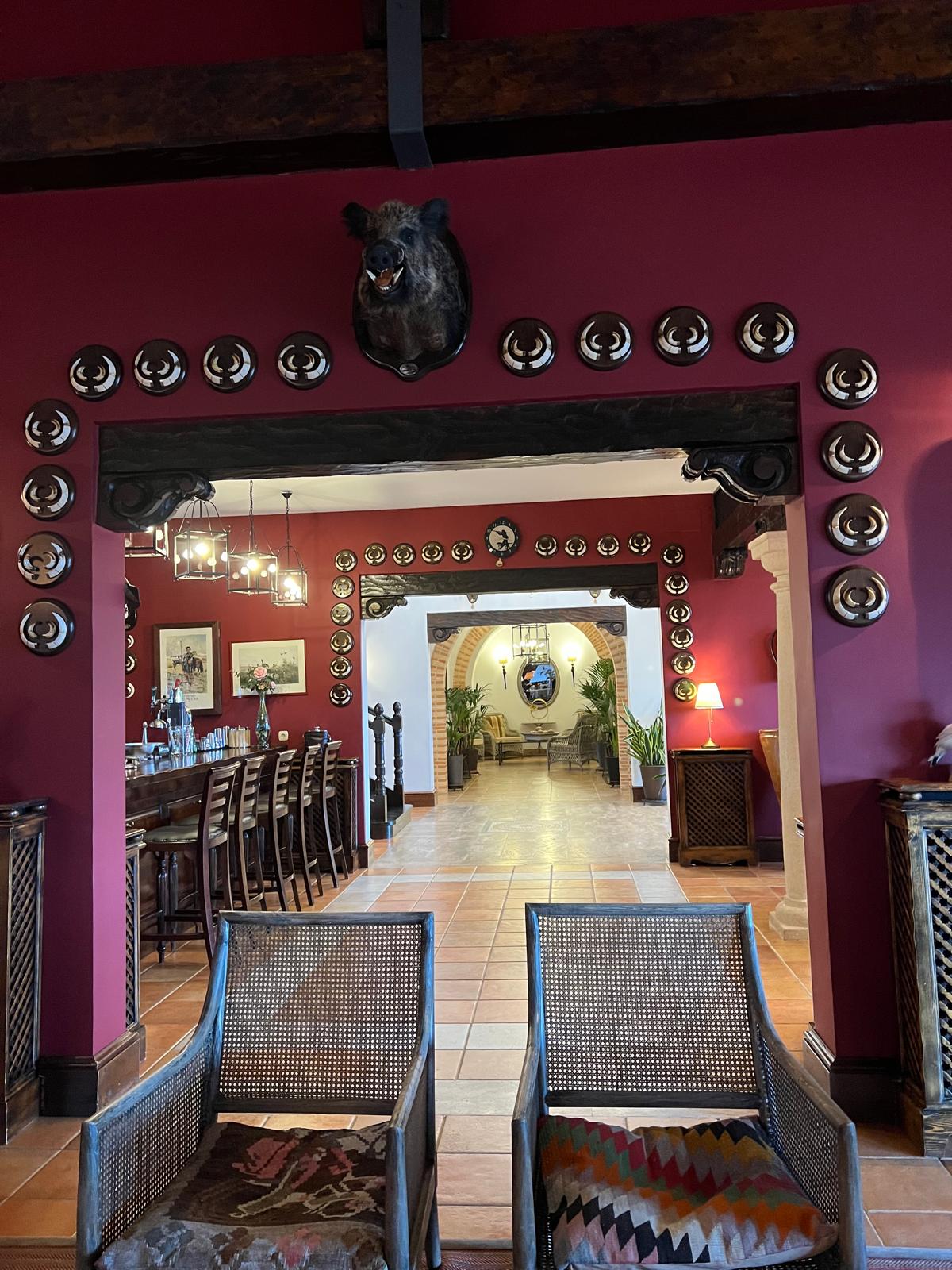Bar archway at La Cuesta framed by mounted boar tusk trophies beneath a wild boar head