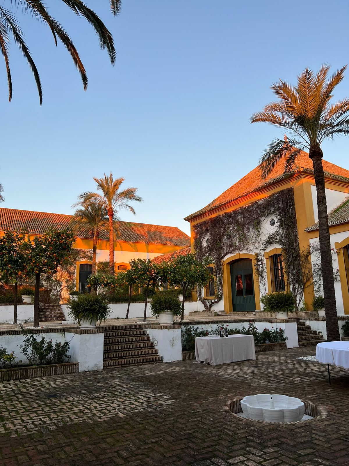 The hacienda courtyard at Los Melonares set for drinks before dinner